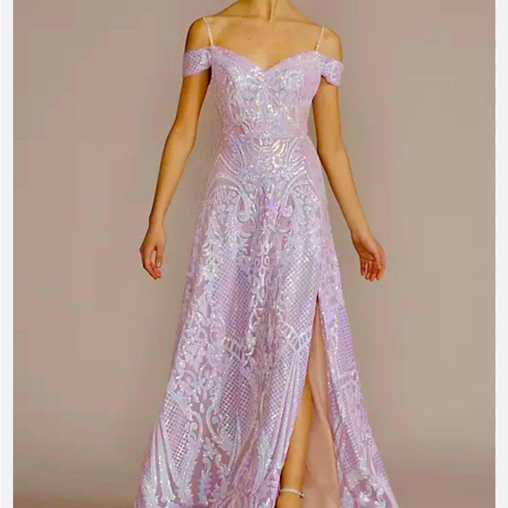 David's Bridal Lilac Sequin Off-Shoulder Prom Gown